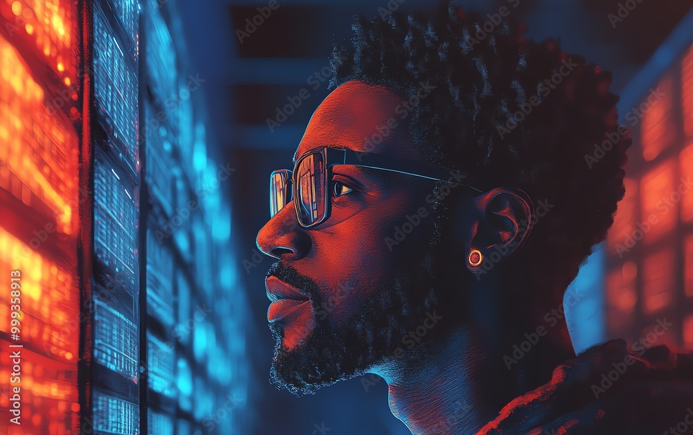 Poster artificial intelligence cyber security threat illustration concept AI banner Male IT specialist analysing data information technology privacy leaks AR artificial intelligence