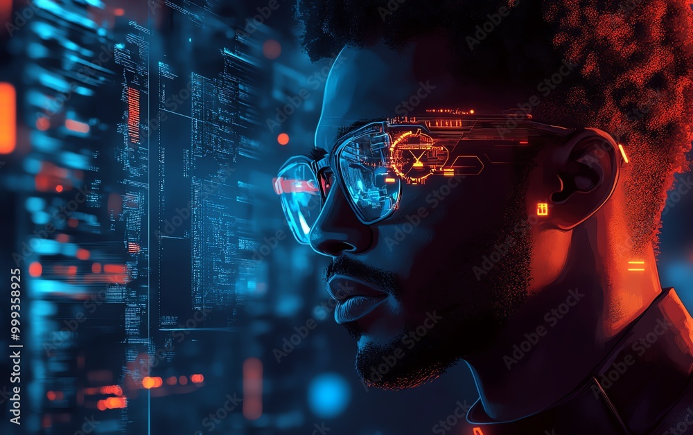 Poster artificial intelligence cyber security threat illustration concept ai banner male it specialist anal