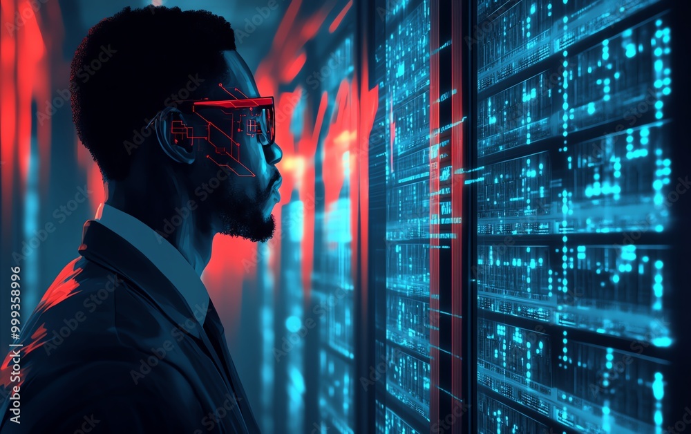 Poster artificial intelligence cyber security threat illustration concept ai banner male it specialist anal