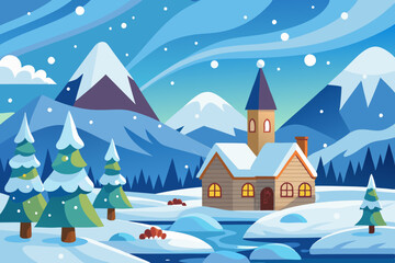 Ilustracion vectorial de una tarjeta de navidad con una casa y un arbol de navidad