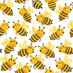 Fototapeta premium A playful pattern showcases adorable honey bees in various poses against a clean white backdrop perfect for brightening up crafts and textiles