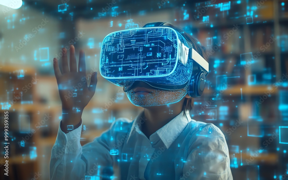 Poster School student with VR headset using AI artificial intelligence technology  machine learningInteractive technology in classroom Innovation  smart tech AI blue hologram in education