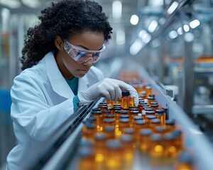 Pharmacist scientist with sanitary gloves examining medical vials on a production line conveyor belt in a pharmaceutical factory with Generative AI African American female checking