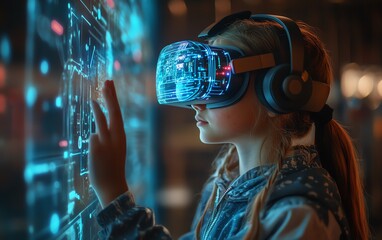 School student with VR headset using AI artificial intelligence technology  machine learningInteractive technology in classroom Innovation  smart tech AI blue hologram in education