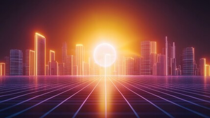 Fototapeta premium Vibrant synthwave-inspired landscape with gridlines stretching to a futuristic neon-lit city skyline