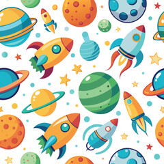 Naklejka premium Bright and engaging pattern showcases playful rockets soaring amidst a variety of vibrant planets and stars creating a lively cosmic atmosphere
