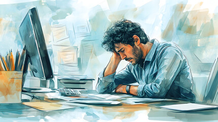 Messy office desk working man stressed frustration overwhelm burnout, paper files folders, stress work overtime busy businessman, finance business worker headache mental health balance high pressure