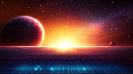 Obraz premium Retro futuristic space scene with planets glowing stars and digital gridlines converging at the horizon