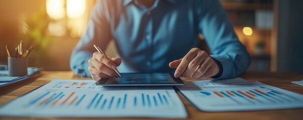 A person analyzing data charts on a tablet, focusing on graphs and statistics in a well-lit workspace.