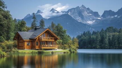 Fototapeta premium Charming Log Cabin by a Mountain Lake