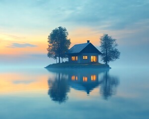 Fototapeta premium Blue water surrounds small island house