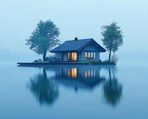 Fototapeta premium Blue water surrounds small island house