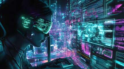 cyberpunk futuristic office hacker computer committing digital security system cybercrime lock password Technology science cyber virus coding IT AI crime software attack blackmail analysis global data