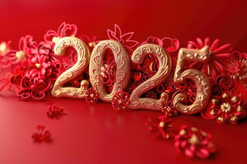 The number 2025 is made of gold numerals with a pattern on a bright red background.