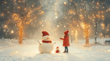Fototapeta premium Girl Building a Snowman in a Magical Winter Wonderland