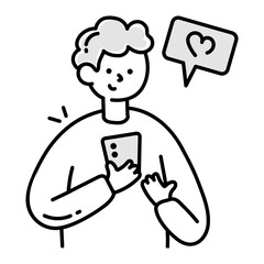 Hand drawn icon showing a person chatting on dating app 

