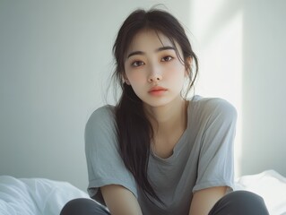 Naklejka premium Portrait of an Asian woman sitting on the floor by her bed, staring into the distance, with soft light and deep shadows emphasizing her sadness