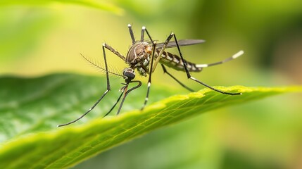 Close-up of mosquito resting on leaf in tropical forest, emphasizing its role in transmitting viruses, shallow depth of field.