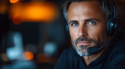 Close-up portrait of a serious businessman wearing a headset and looking directly at the camera.