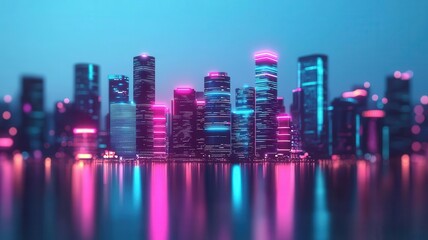 Obraz premium A vibrant city skyline illuminated with pink and blue neon lights reflecting on the water. The futuristic architecture showcases modern designs against a twilight sky.