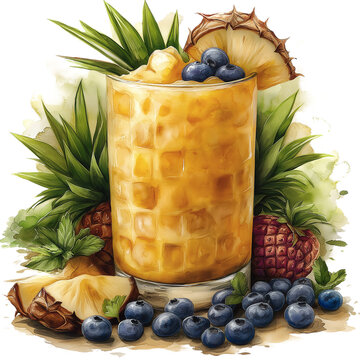 pineapple cocktail with blueberries watercolor clip art preview