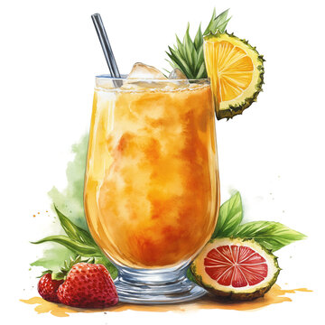 tropical cocktail watercolor painting with fruit clip art preview