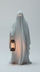 Ethereal Ghost with Luminescent Eyes and Flickering Lantern on Clean White Background