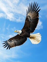 Naklejka premium A magnificent bird glides effortlessly through the open sky, displaying its grand wings against a vivid azure backdrop.