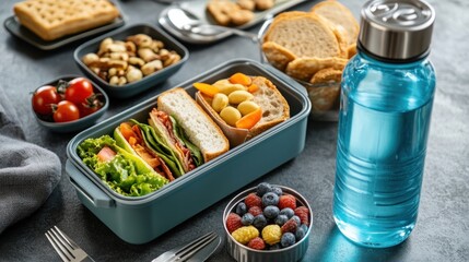Photograph a lunch box packed with a variety of healthy snacks and a sandwich, placed next to a reusable water bottle for a complete meal.
