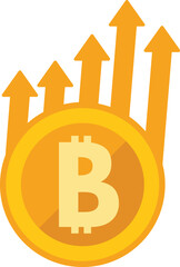Bitcoin value increasing concept depicted by arrows going up and bitcoin sign