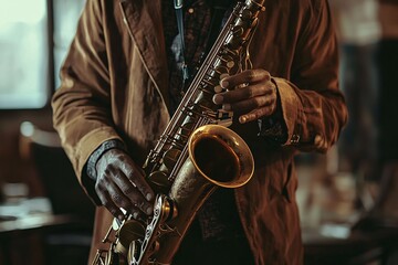 Obraz premium A gifted artist pours their heart into the saxophone, enveloping the space in rich, emotive jazz tunes.