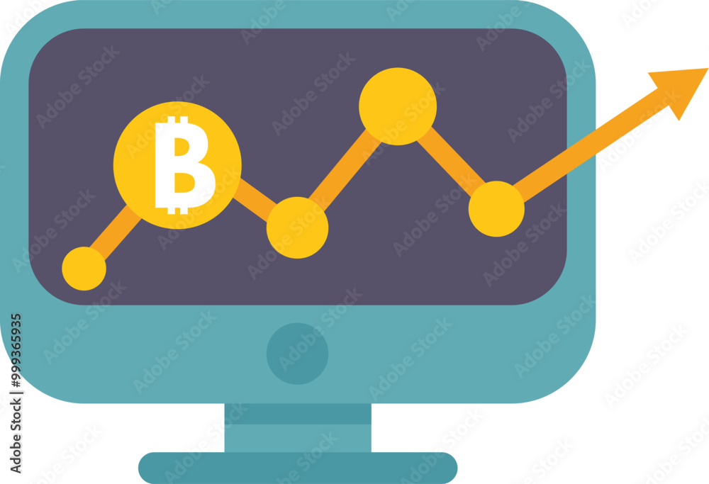 Poster desktop computer displaying a chart showing the raising value of bitcoin cryptocurrency