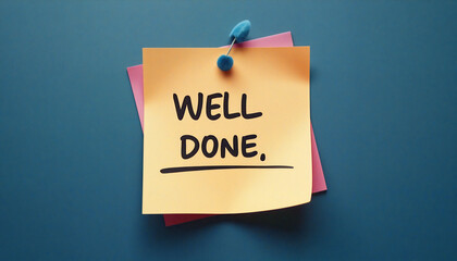 Yellow sticky note with well done written on it is pinned to a blue wall