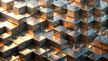 Abstract metallic cubes forming a complex 3D pattern with reflections and gleaming surfaces
