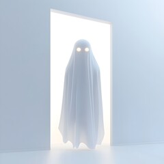 Ghostly Apparition Floating Through Ethereal Doorway on Minimal White Background