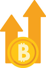 Bitcoin cryptocurrency coin with two large upwards pointing arrows indicating increasing market value