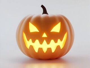 Glowing Carved Pumpkin Jack O  Lantern Floating on White Background with Moody Lighting