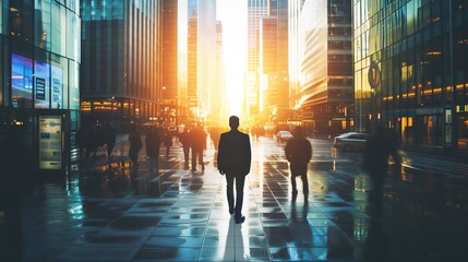 Businessman Walking Through Modern Cityscape at Sunset - Hustle and Bustle of Urban Life