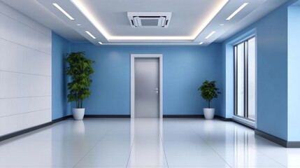 Fototapeta premium Modern Office Interior with Blue Walls and Minimalist Design Featuring Potted Plants and a Sleek Closed Door under Recessed Lighting