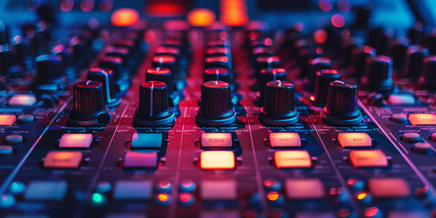 Fototapeta premium Closeup shot of an audio mixer High quality with blue background