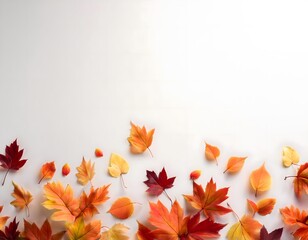 Colorful autumn leaves in orange, red, and yellow scattered at the bottom of a white background. A few leaves float gently above, creating a simple, airy, and minimalist fall-themed design