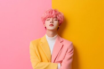 Fashionable Contrast: Pink-Haired Youth in Split-Tone Outfit Against Vibrant Pink and Yellow...