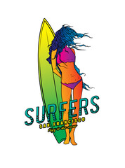 A girl with a surfboard on the background of the sunset. Original vector illustration in vintage style. T-shirt Design
