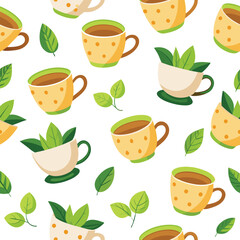 Delightful little tea cups filled with tea leaves and surrounded by fresh green leaves create a charming seamless pattern for tea enthusiasts