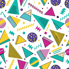A bright Memphis seamless pattern showcases various geometric shapes in vibrant colors perfect for adding a playful touch to designs and decorations