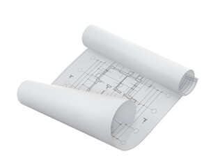 A large sheet of white paper with blueprints rolled edges on a white background. Vector illustration