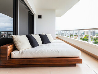 Fototapeta premium Stylish outdoor seating on a modern balcony overlooking an urban landscape under a cloudy sky