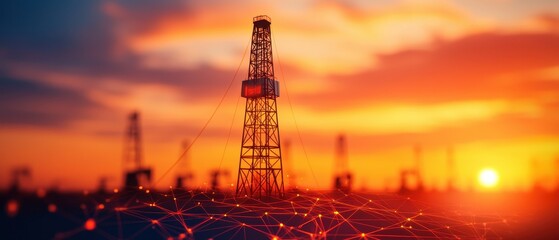 Obraz premium Oil drilling rig silhouette against a vibrant sunset backdrop.