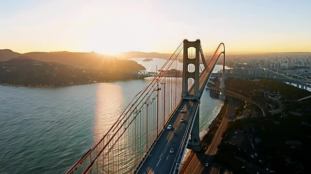 Witness captivating traffic flow modern suspension bridge illuminated scenic sunlight background 4K drone footage beautifully captures white tower Bay showcasing stunning rosegolden sunset