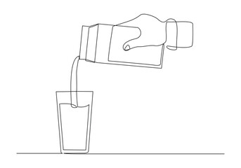 Continuous single line sketch drawing of hand pouring paper box carton of fresh milk juice into glass. Product package one line art concept vector illustration